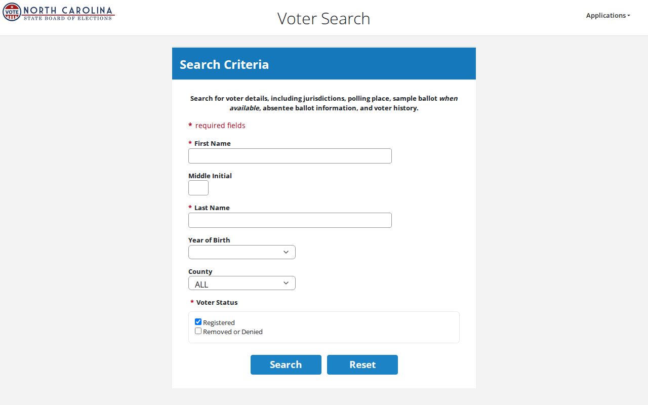 Garner voter registration lookup fields in the North Carolina voter search
